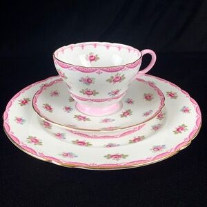 3 pc Shelly Bone China Tea Service 8.25 Plate Cup and Saucer Pink Cabbage Roses
